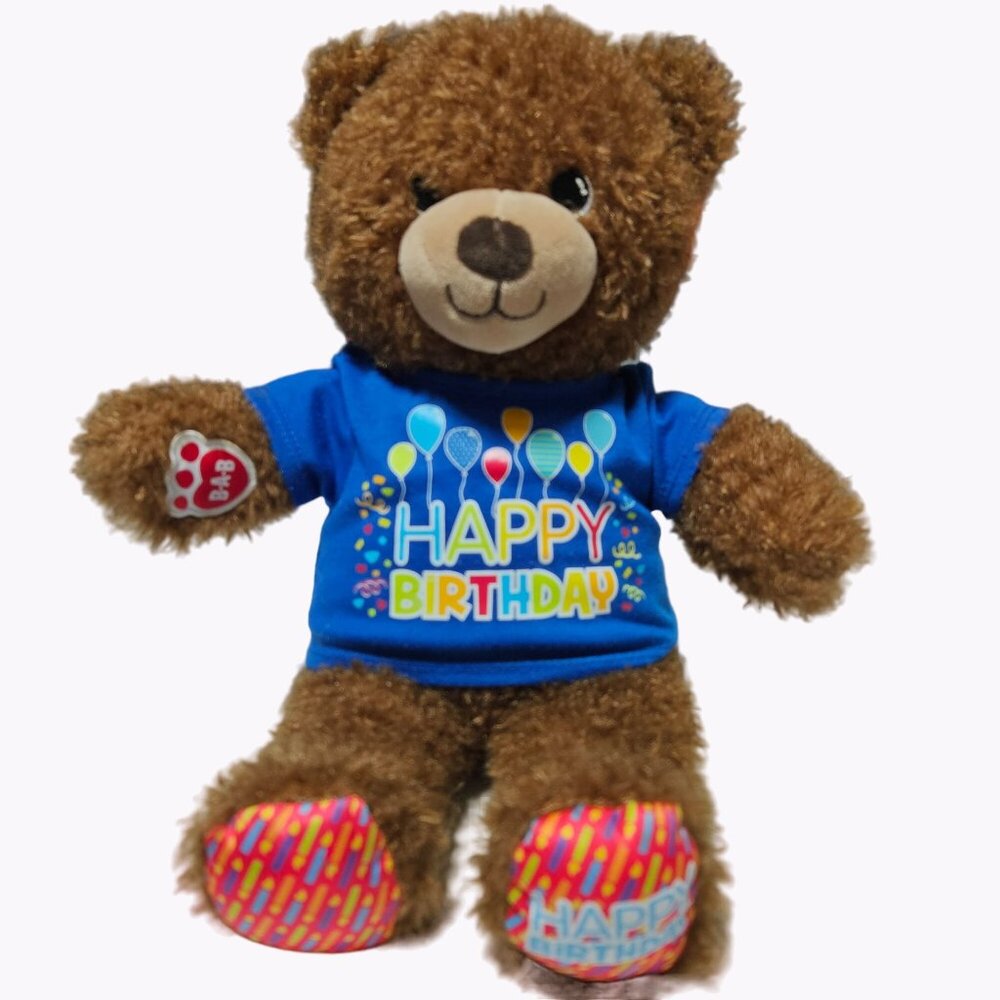 Build a Bear Happy Birthday Teddy Bear 14 inch Plush Blue T-Shirt Stuffed Animal